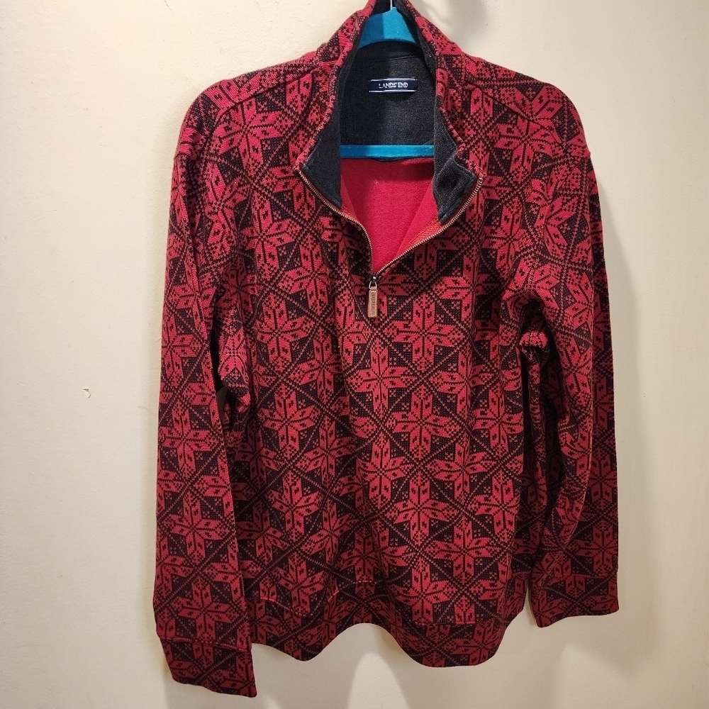 LAND'S END men's quarter zip 100% cotton  Red winter sweater size L
